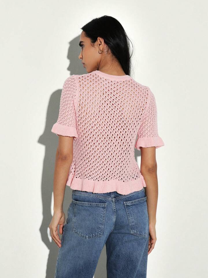 CM-TS524520 Women Casual Seoul Style Round Neck Ruffled Short Sleeve Frilled Edges Crochet Knit Top - Pink