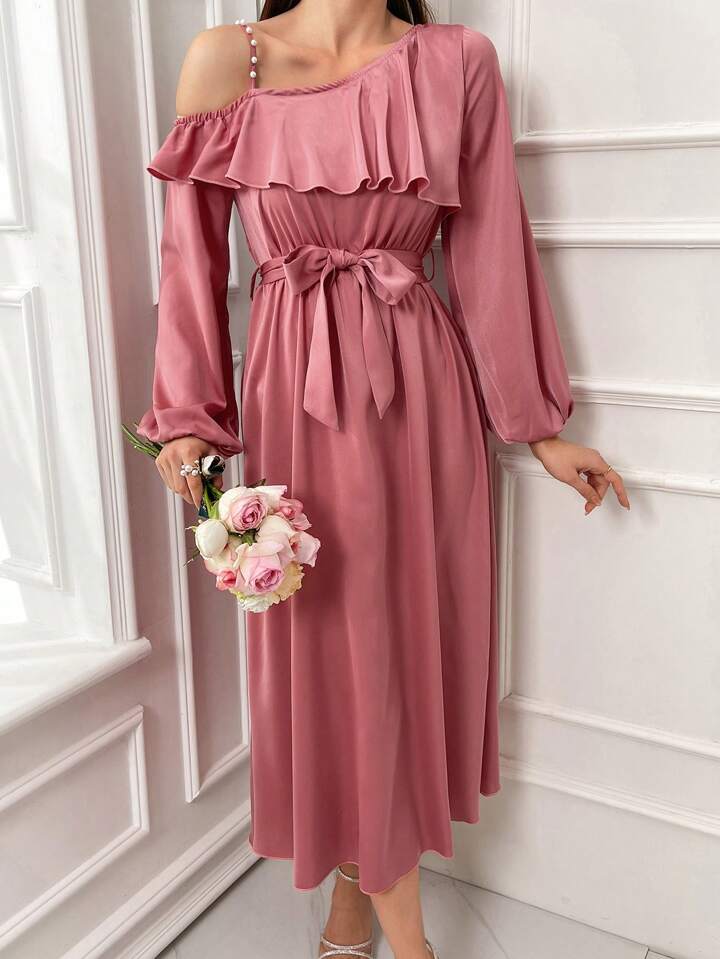 CM-DS197837 Women Elegant Seoul Style Asymmetric Collar Ruffle Hem A-Line Dress - Hot Pink