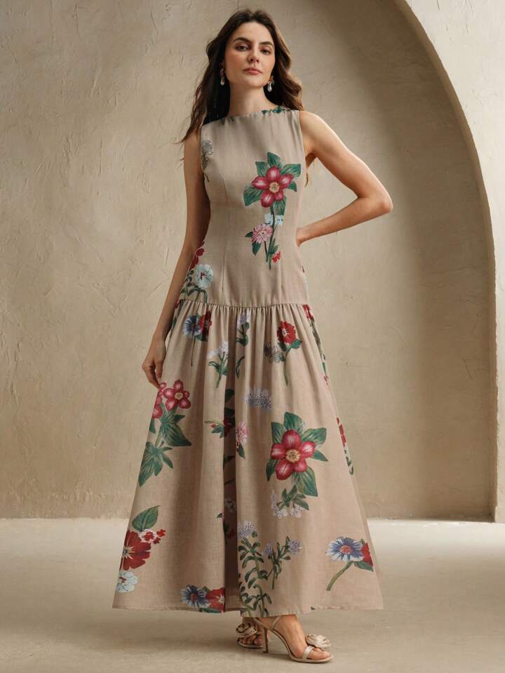 CM-DS855624 Women Elegant Seoul Style Floral Print Stand Collar Sleeveless Low Waist Swing Long Dress
