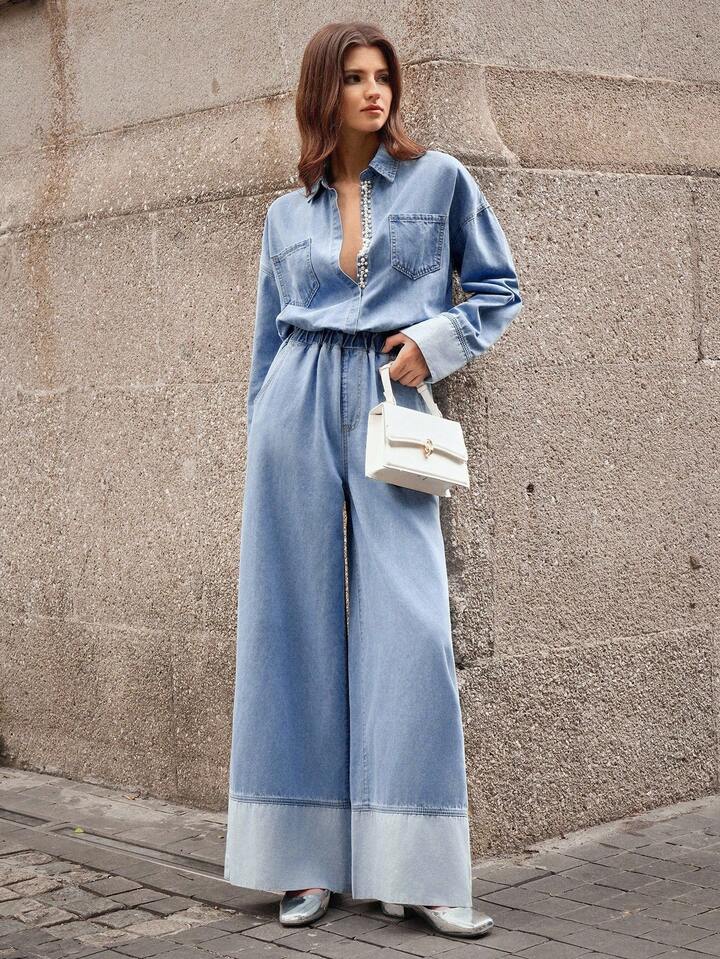 CM-JS119936 Women Elegant Seoul Style Faux Pearl Decor Drop Shoulder Long Sleeve Pocket Design Wide Leg Denim Jumpsuit