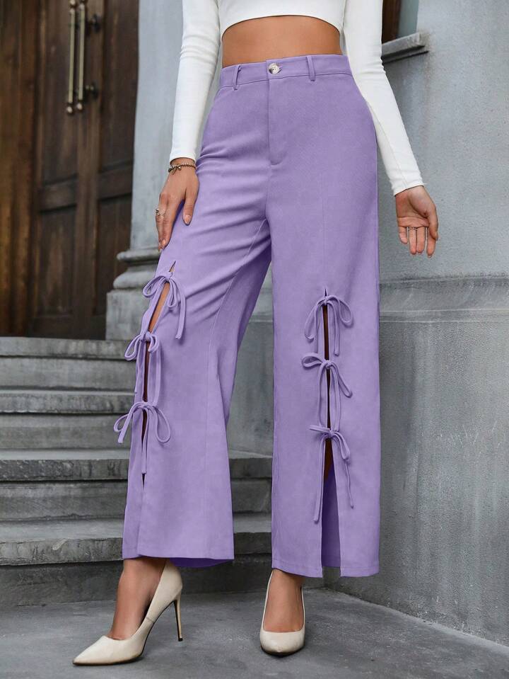 CM-BS070501 Women Casual Seoul Style Bowknot Decoration High Slit Wide Leg Pants - Purple