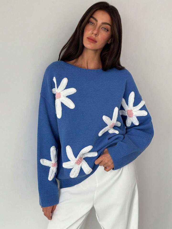 CM-CS548363 Women Casual Seoul Style 3D Floral Decoration Loose Fit Long Sleeve Sweater - Blue