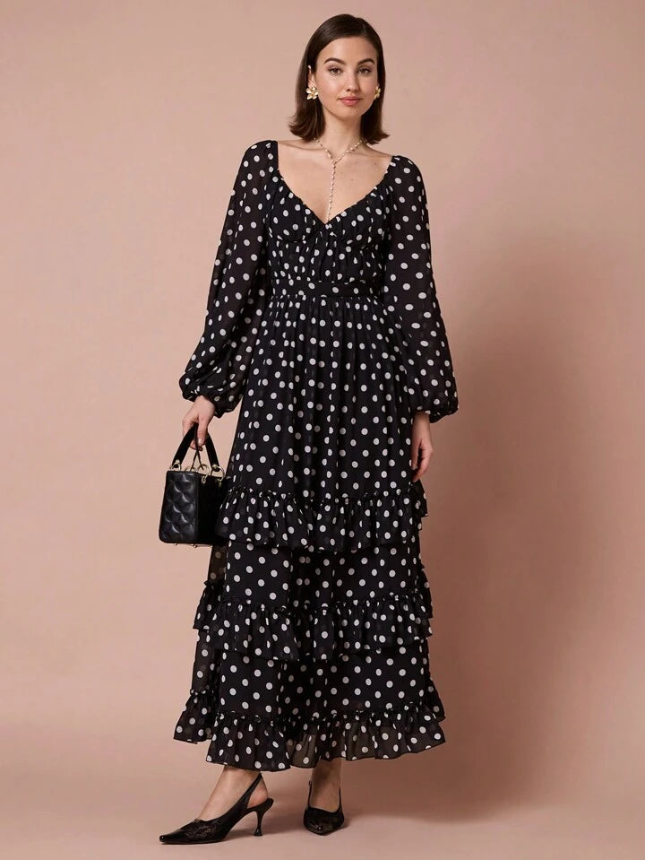 CM-DS108408 Women Elegant Seoul Style Polka Dot V-Neck Puff Long Sleeve Layered A-Line Dress - Black