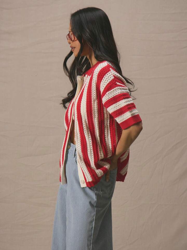 CM-CS831167 Women Casual Seoul Style Striped Drop Shoulder Button Through Short Sleeve Cardigan