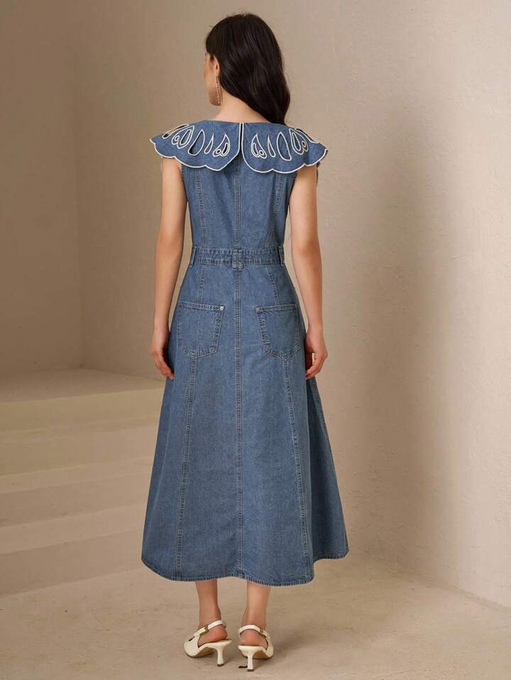 CM-DS084902 Women Elegant Seoul Style Light Wash Hollow Out V-Neck Collar Flounce Sleeve Denim Dress