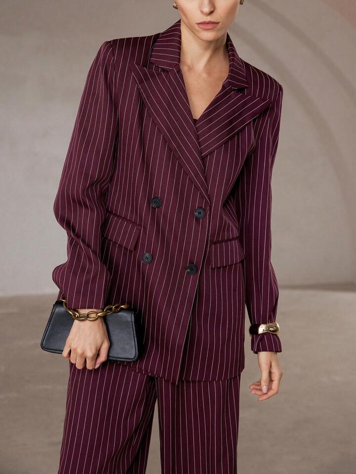 CM-SS233695 Women Elegant Seoul Stripe Print Double Button Long Sleeve Jacket And Pants Suit With Inner Cami - Set