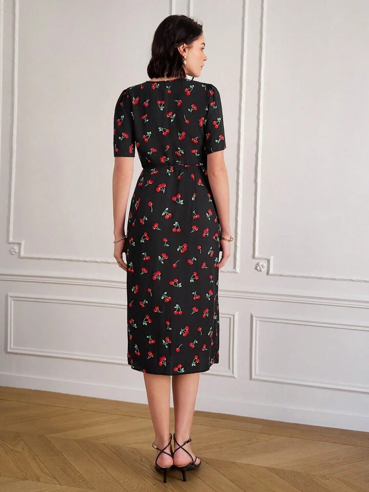 CM-DS467484 Women Trendy Bohemian Style V-Neck Cherry Print A-Line Midi Dress