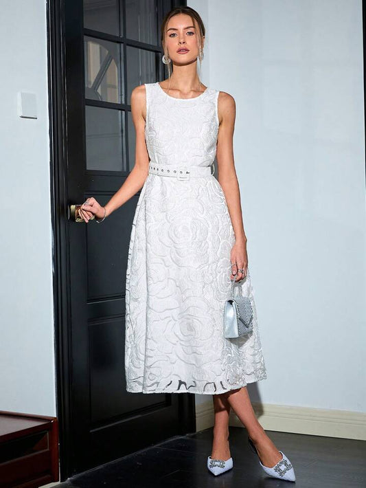 CM-DS241047 Women Elegant Seoul Style Round Neck Floral Embellishments Sleeveless A-Line Dress