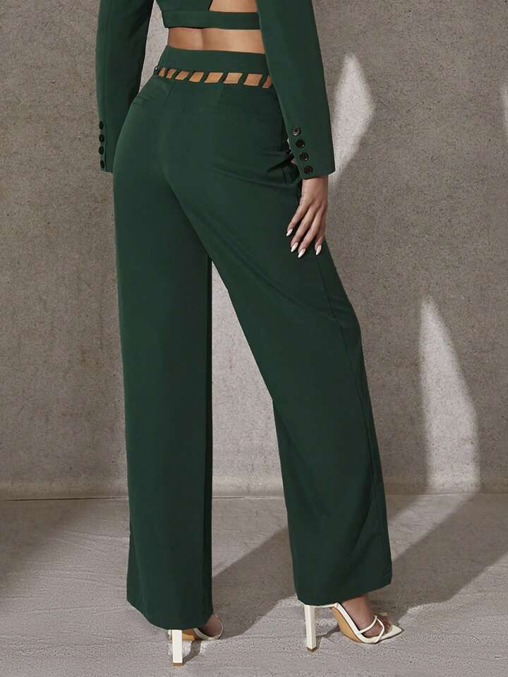 CM-BS919322 Women Elegant Seoul Style Grid Cut Out Waist Wide Leg Pants - Green