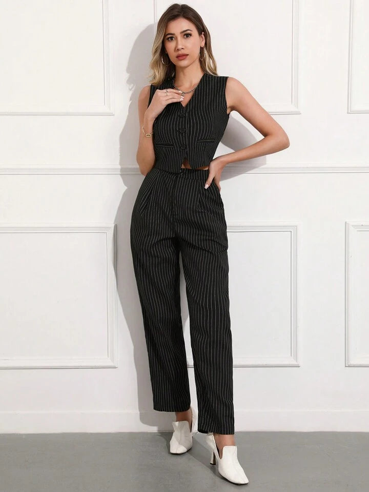 CM-SS615126 Women Elegant Seoul Style Striped Sleeveless Crop Waistcoat With Pants Suit - Black