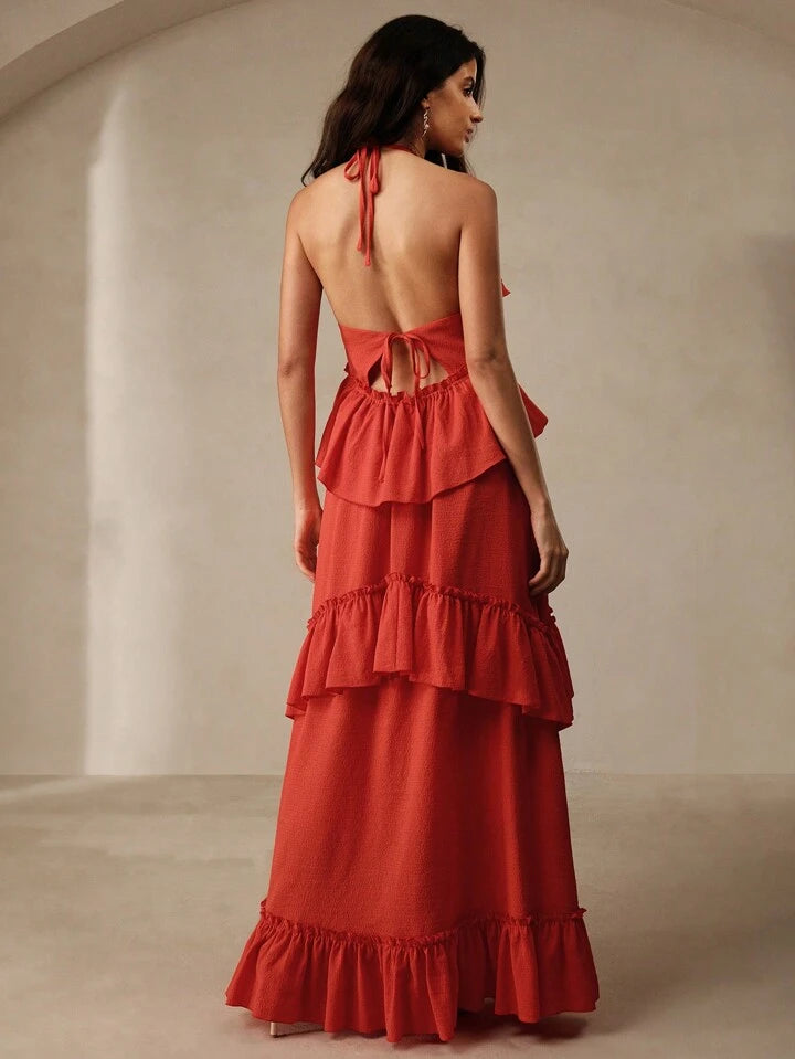 CM-DS229293 Women Trendy Bohemian Style Layered Ruffle Hem Cinched Waist Maxi Dress - Orange