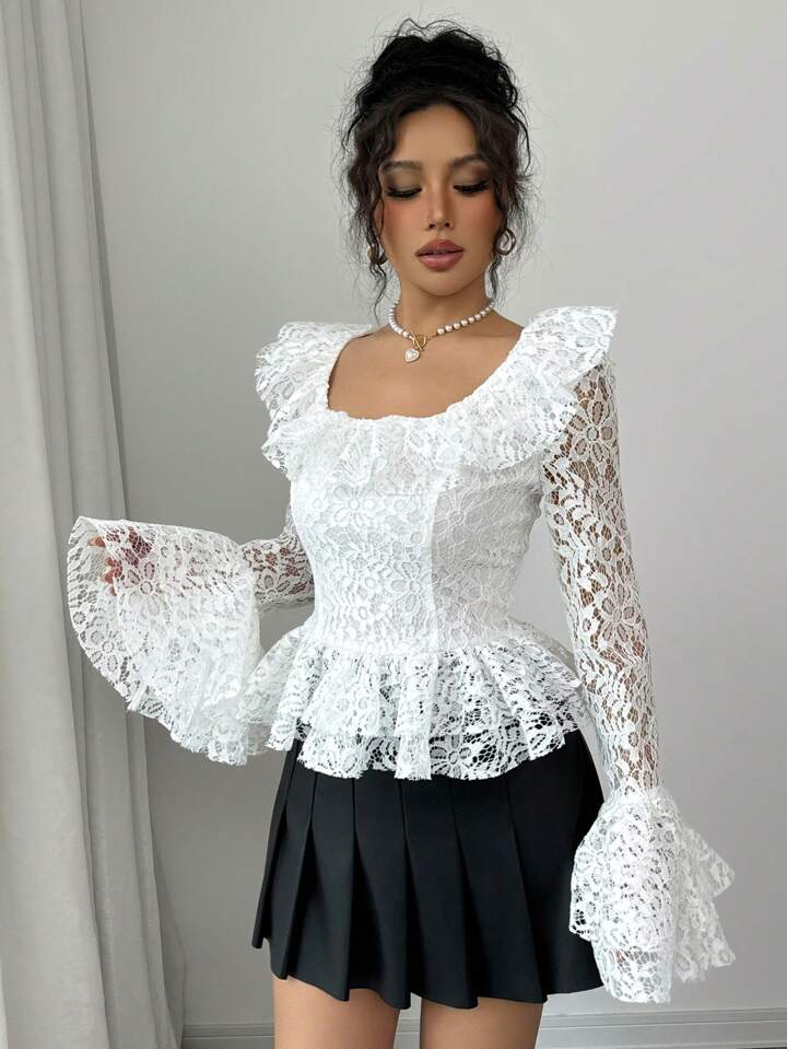 CM-TS158537 Women Elegant Seoul Style Square Neck Ruffled Floral Lace Flare Sleeve Blouse - White