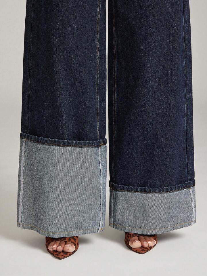 CM-BS844341 Women Casual Seoul Style Mid Rise Dark Wash High Low Asymmetric Cuffed Wide Leg Jeans