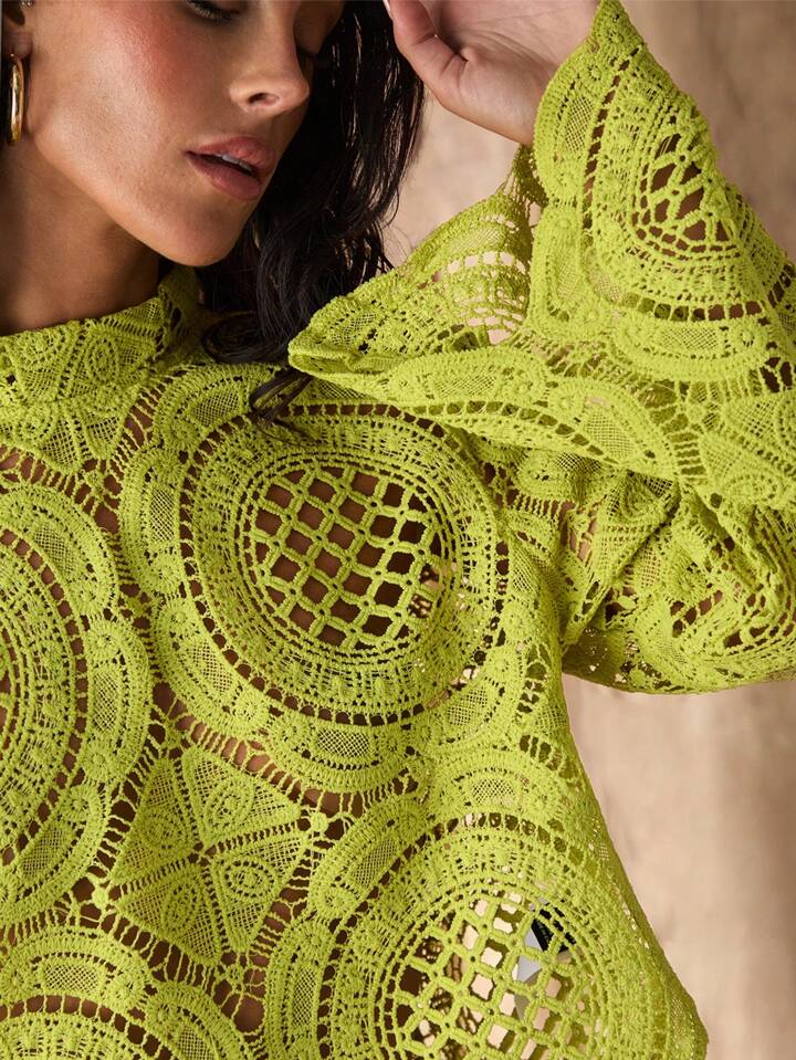 CM-TS777263 Women Casual Seoul Style Stand Collar Lace Hollow-Out See-Through Blouse - Green