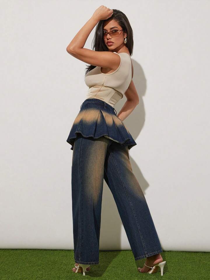 CM-BS380879 Women Casual Seoul Style Dark Wash Layered Pleated Skirt Relaxed Fit Jeans