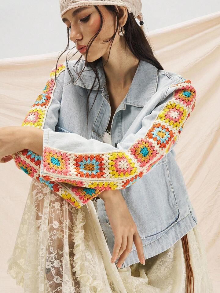 CM-CS335360 Women Casual Seoul Style Collar Neckline Stitching Multi-Color Sleeves Pattern Pattern Denim Jacket - Blue
