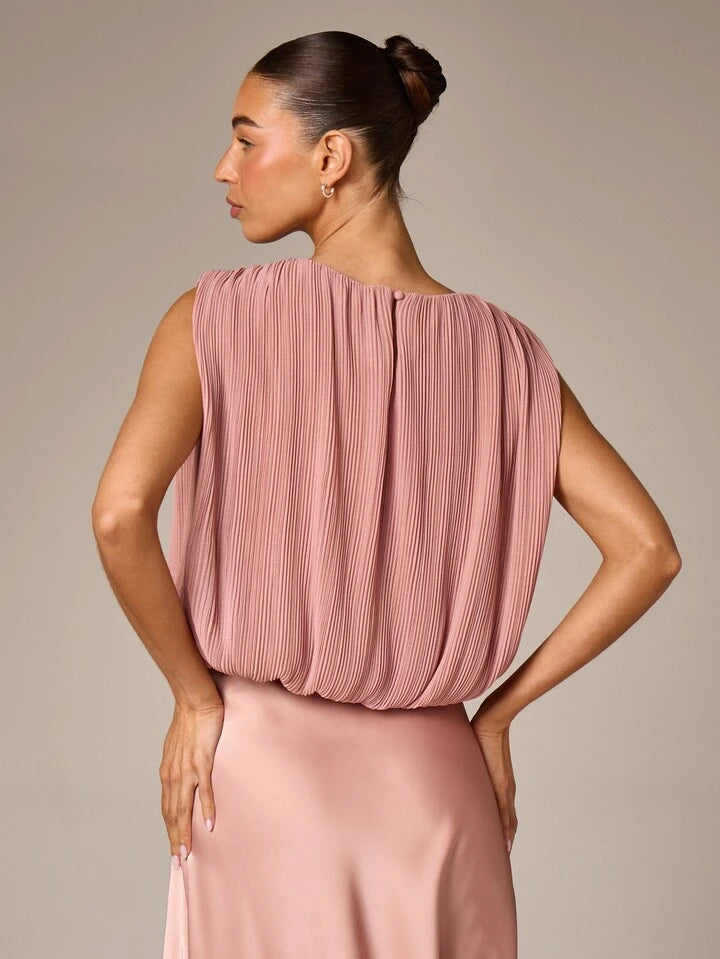 CM-TS550228 Women Casual Seoul Style Crew Neck Pleated Sleeveless Blouse - Pink