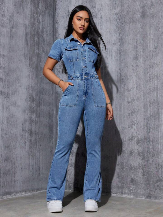 CM-JS187744 Women Casual Seoul Style Medium Wash Collar Neckline Button Fly Flared Legs Denim Jumpsuit