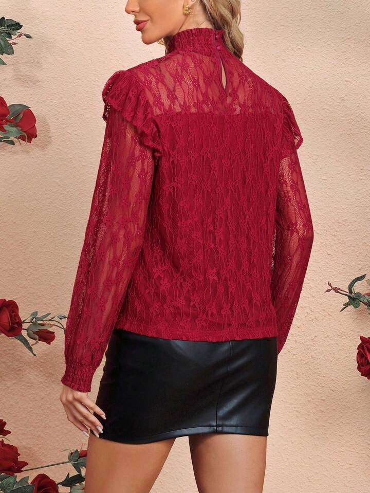 CM-TS961741 Women Elegant Seoul Style Lace Stand Collar Long Sleeve Shirt - Red