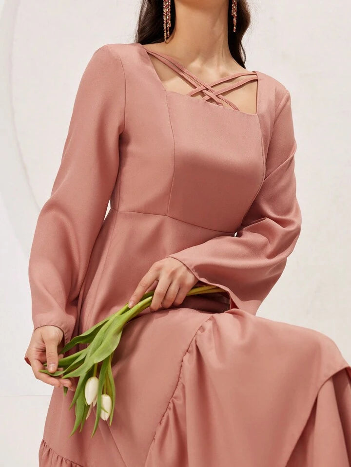 CM-DS155455 Women Elegant Seoul Style V-Neck Bell Sleeve Ruffle Hem A-Line Dress - Pink
