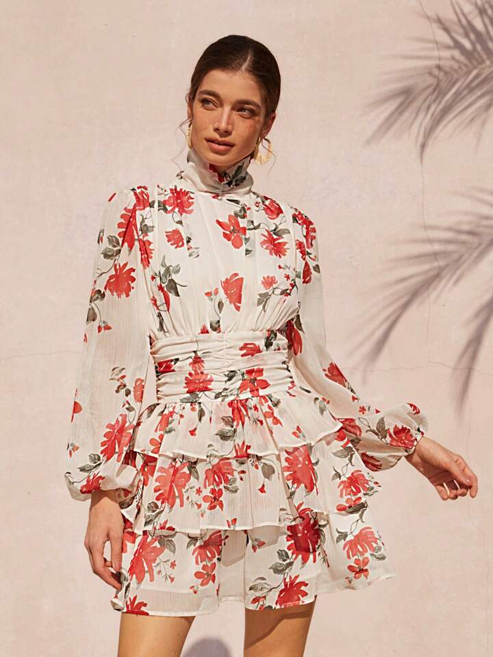 CM-DS030559 Women Casual Seoul Style Round Neck Puff Sleeve Colorblock Floral Print Layered Mini Dress