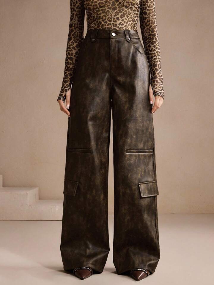 CM-BS445211 Women Elegant Seoul Style Mid Waist PU Leather Cargo Straight Leg Pants - Brown