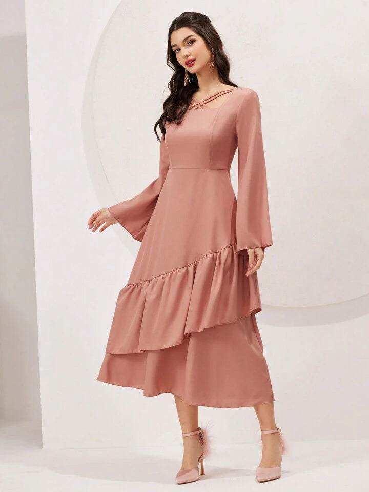 CM-DS155455 Women Elegant Seoul Style V-Neck Bell Sleeve Ruffle Hem A-Line Dress - Pink