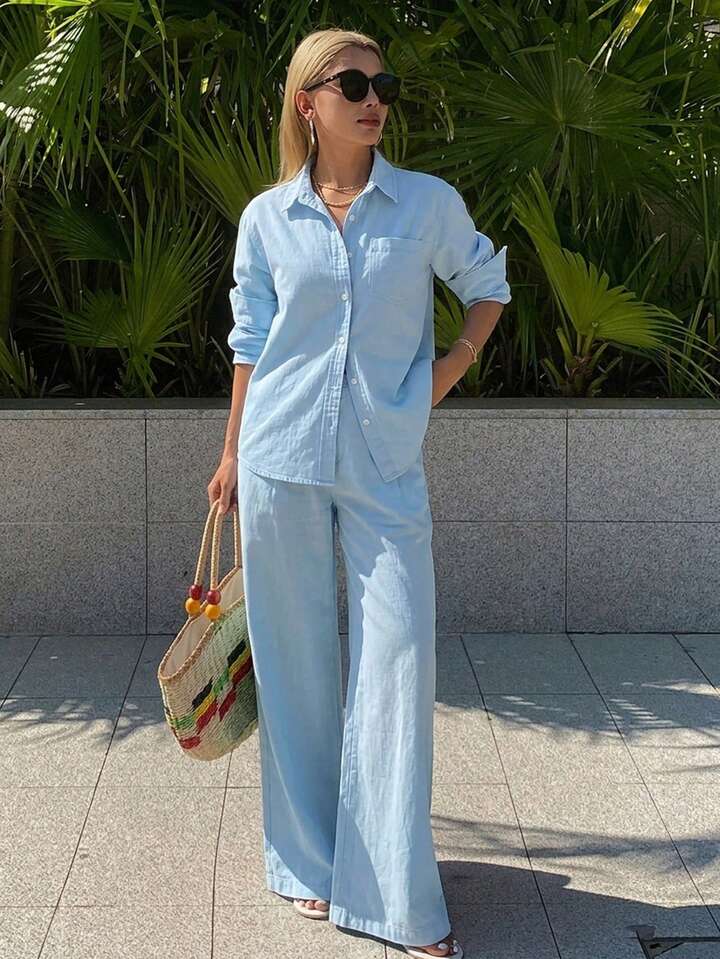 CM-SS661802 Women Casual Seoul Style Collared Long Sleeve Loose Denim Shirt With Straight-Leg Pants - Set