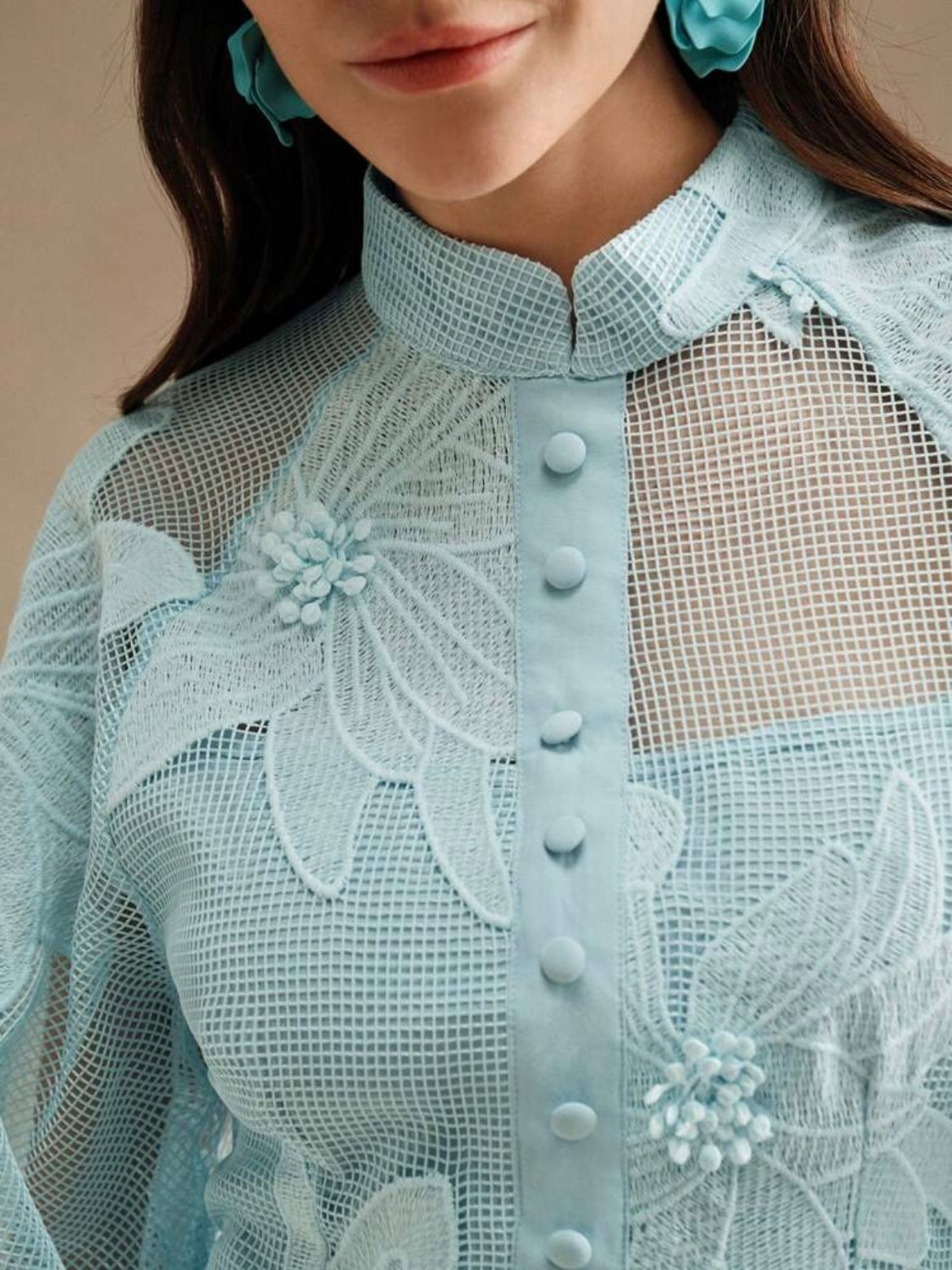 CM-DS852705 Women Elegant Seoul Style Collar Neckline Lace Cinched Waist Lantern Sleeve Dress - Baby Blue