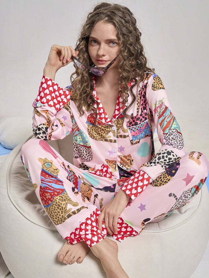 CM-LS551783 Women Trendy Seoul Style Printed Long Sleeve Button Up Top With Pants Pajama Set - Pink