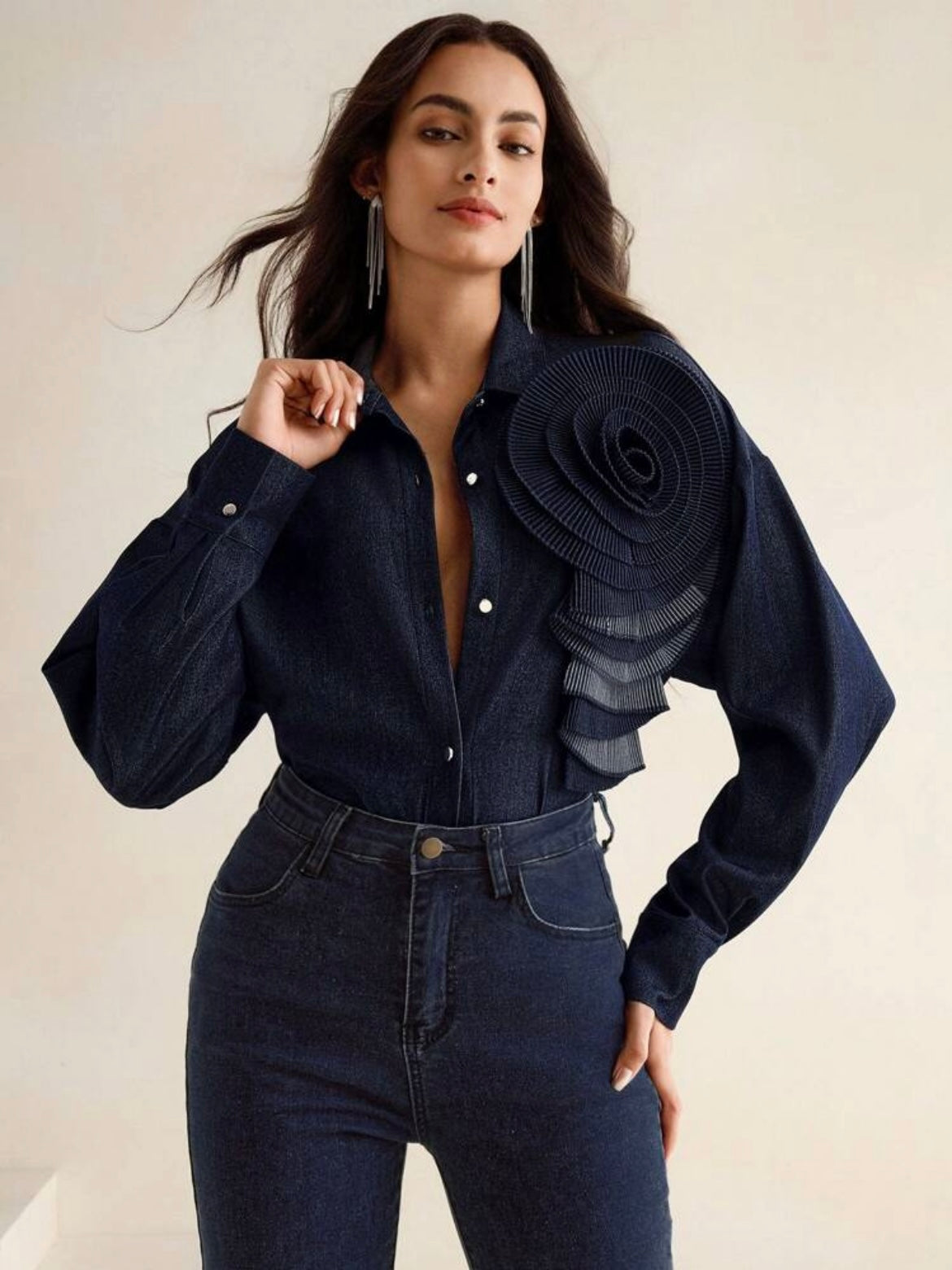 CM-TS053019 Women Elegant Seoul Style Drop Shoulder Collared Pleated 3D Floral Denim Blouse