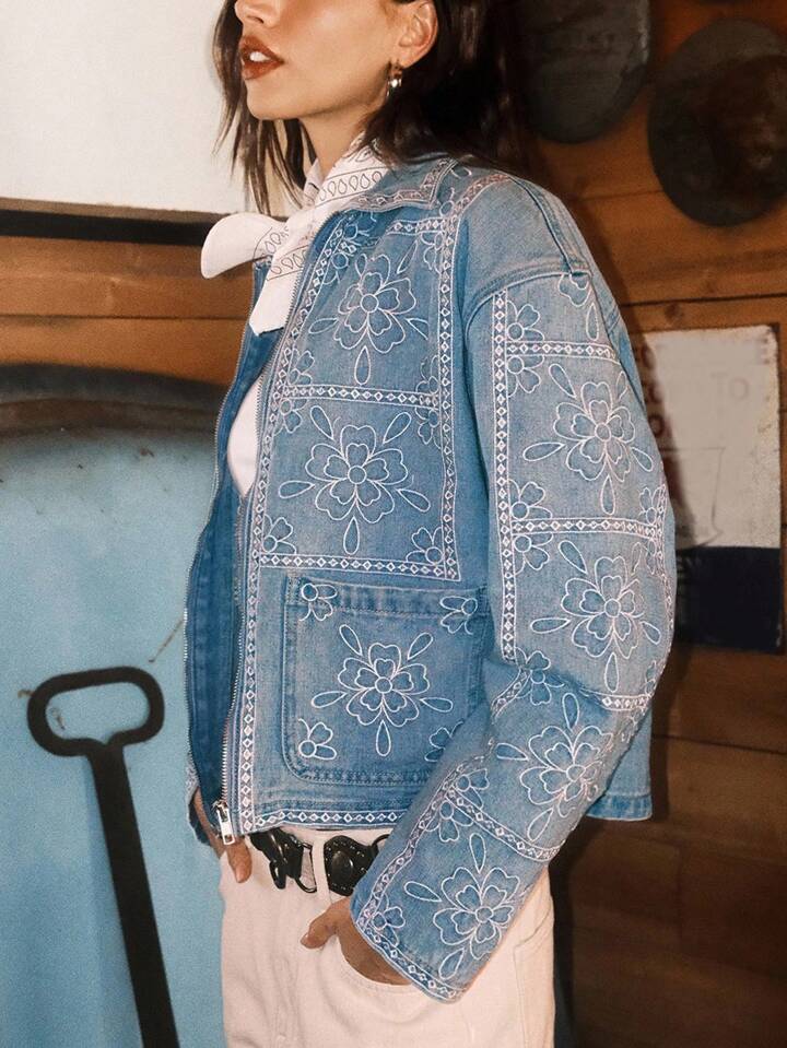 CM-CS082050 Women Casual Seoul Style Collar Neckline Long Sleeve Floral Embroidery Denim Jacket - Blue