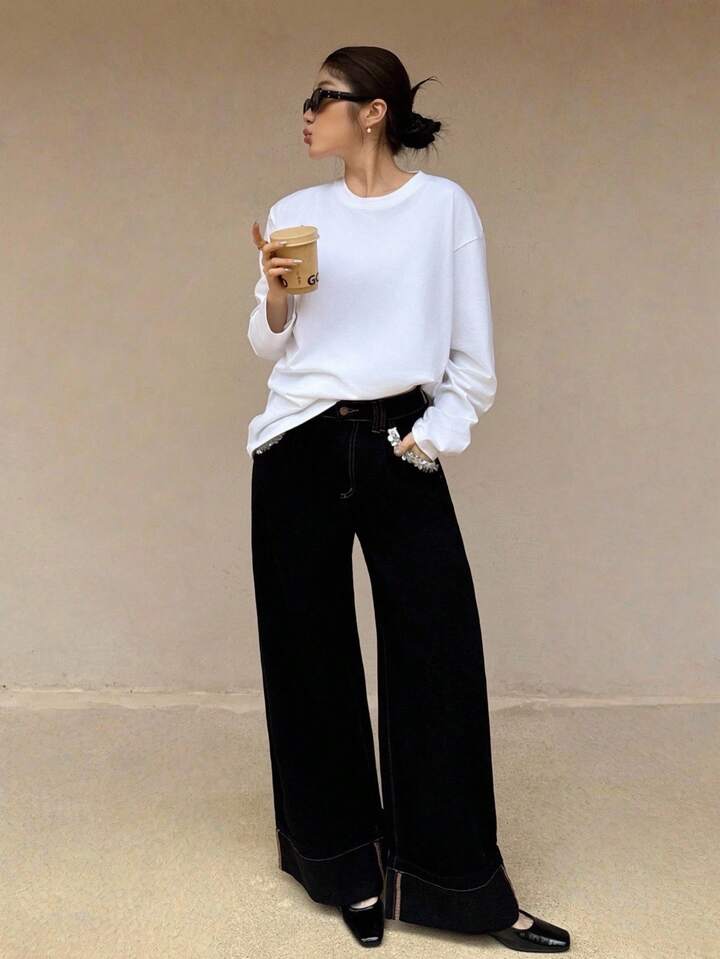 CM-BS337303 Women Casual Seoul Style Ribbon Decorative Pockets High Waist Extra Long Wide Leg Jeans - Black
