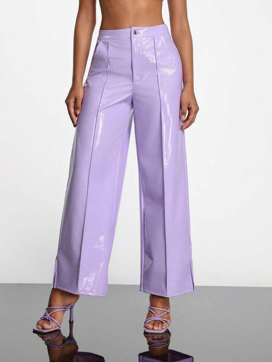 CM-BS006433 Women Casual Seoul Style High Waist PU Leather Pants With Pockets - Lilac Purple