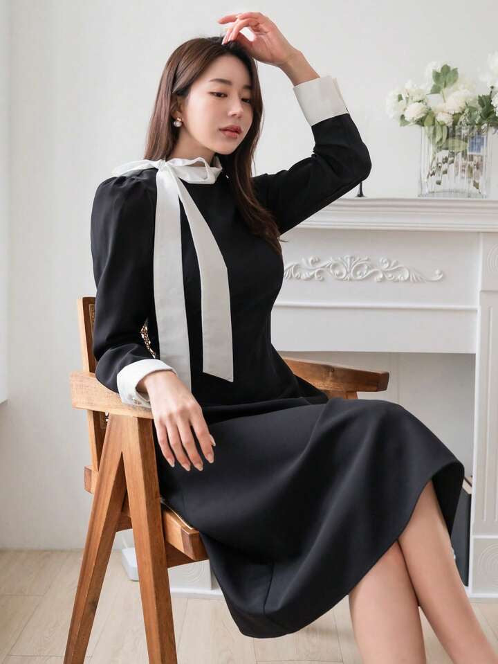 CM-DS713415 Women Elegant Seoul Style Round Neck Colorblock Collar Long Sleeve Dress - Black