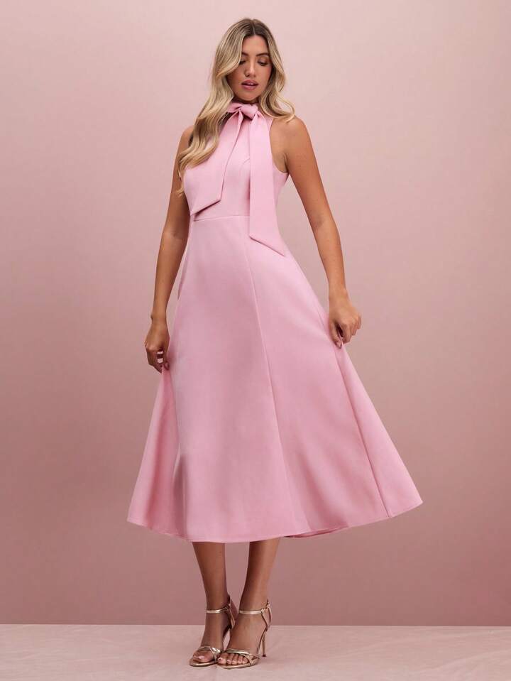 CM-DS051639 Women Elegant Seoul Style Tie Neck Sleeveless High Waist A-Line Midi Dress - Pink