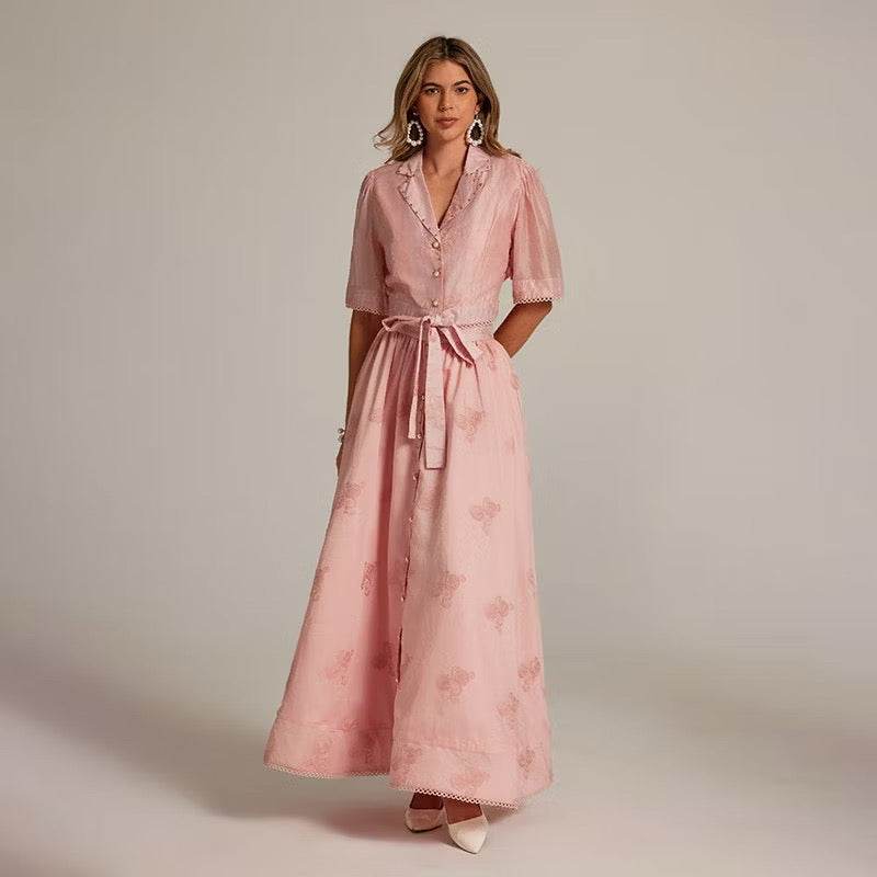 CM-SY035589 Women Elegant European Style Collar Neckline Half Sleeve Beads Decor Blouse With High Waist Long Skirt - Set