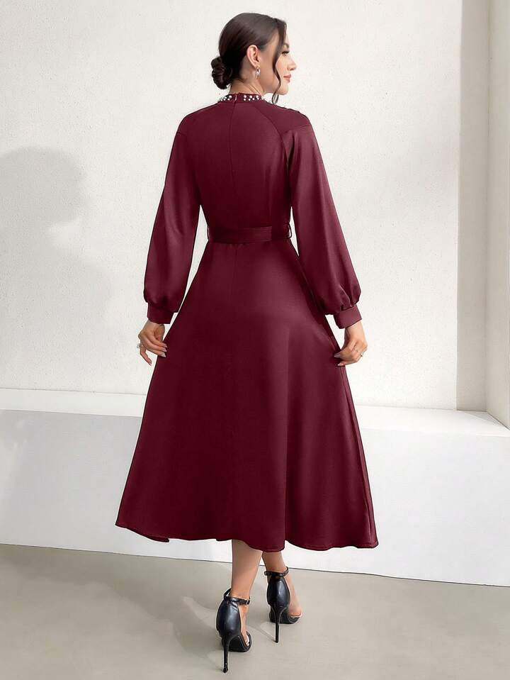 CM-DS111191 Women Elegant SeouL Style Stand Collar Faux Pearl Decor Lantern Sleeve Long Dress