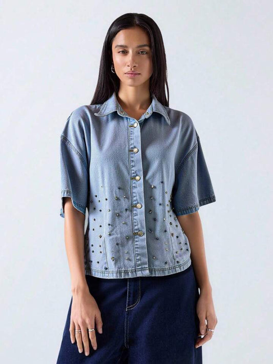 CM-TS285245 Women Casual Seoul Style Collar Neckline Short Sleeve Loose Button Pocket Rhinestone Denim Top - Blue