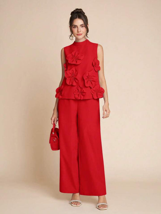 CM-SS257117 Women Elegant Seoul Style Stand Colllar Sleeveless 3D Floral Decor Top With Wide Leg Pants - Set