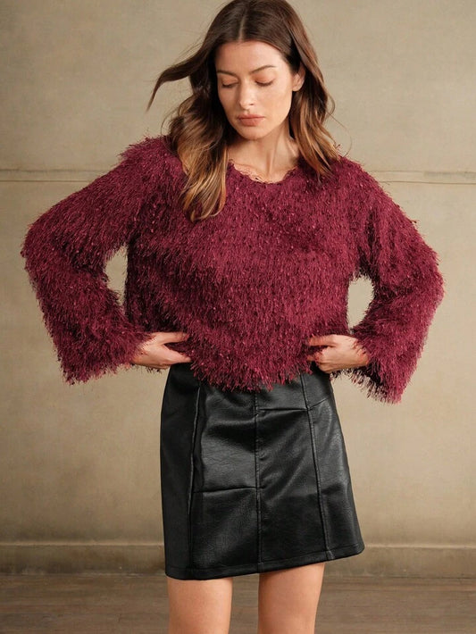 CM-TS181519 Women Elegant Seoul Style Round Neck Long Sleeve Glittery Tassel T-Shirt - Burgundy