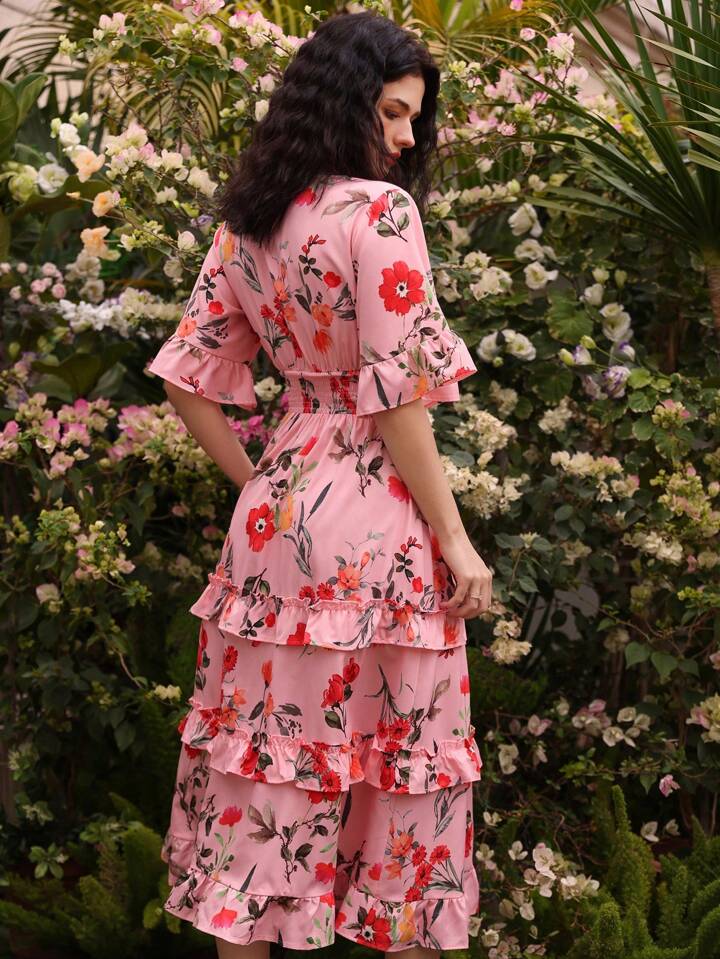 CM-DS211059 Women Trendy Bohemian Style Floral Print Ruffle Hem Shirred Cinching Waist Dress