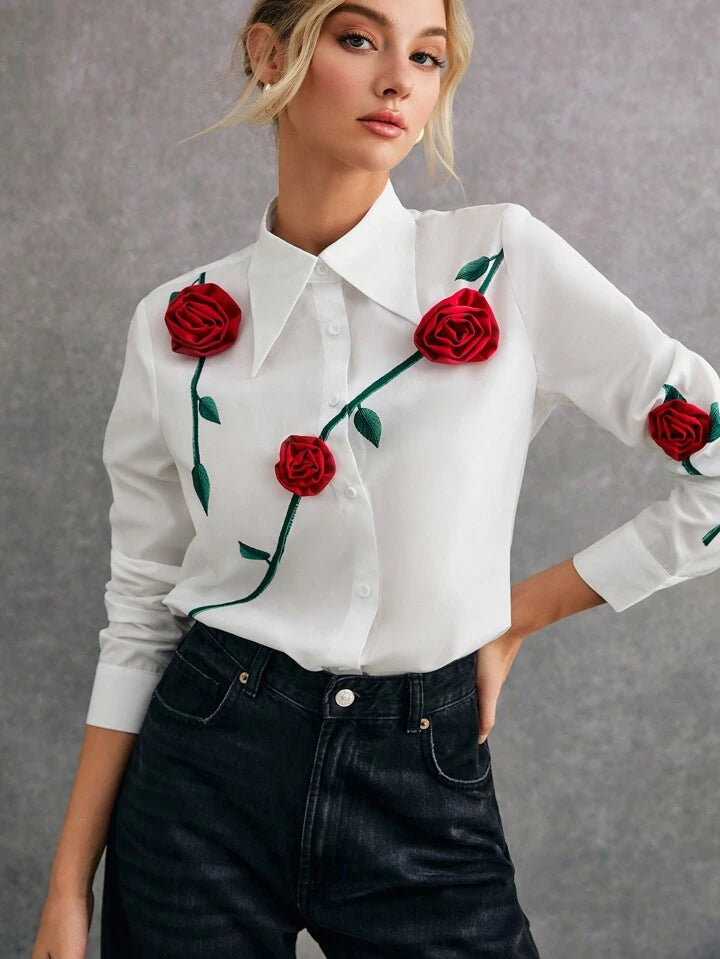 CM-TS821266 Women Elegant Seoul Style 3D Floral Print Embroidery Front Button Long Sleeve Shirt