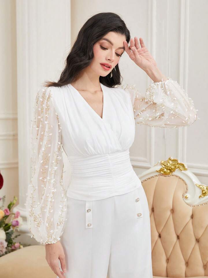CM-TS018078 Women Elegant Seoul Style Embroidered Lantern Sleeve Patchwork T-Shirt - White