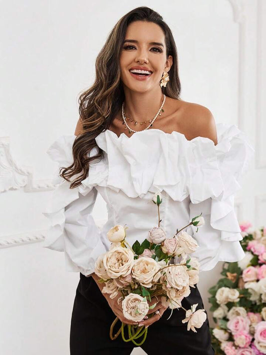 CM-TS435043 Women Elegant Seoul Style Off The Shoulder Exaggerated Ruffle Hem Shirt