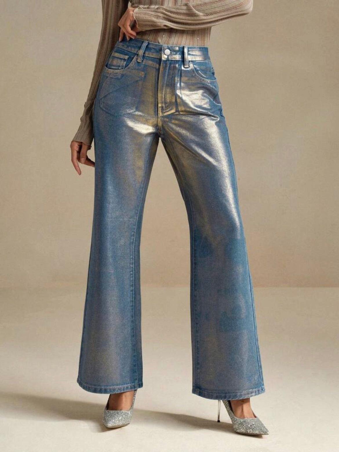 CM-BS502302 Women Elegant Seoul Style Metallic Effect Loose Fit Wide Leg Jeans - Blue