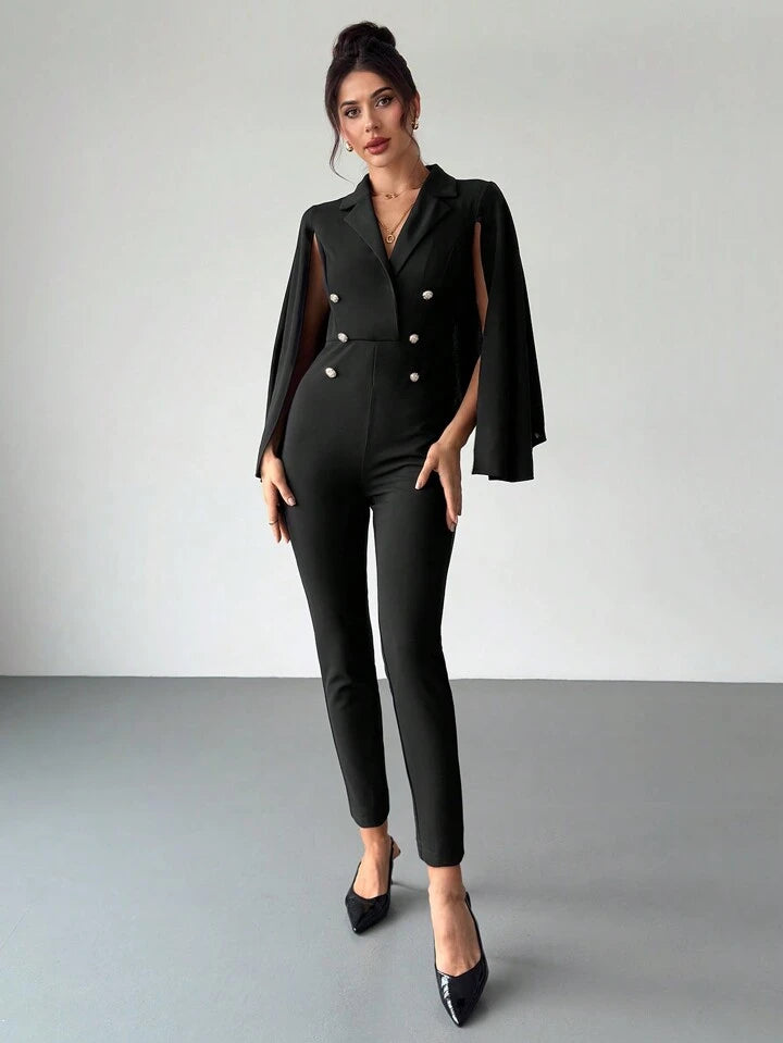 CM-JS147443 Women Elegant Seoul Style Suit Collar Cape Sleeve Slim Long Jumpsuit - Black