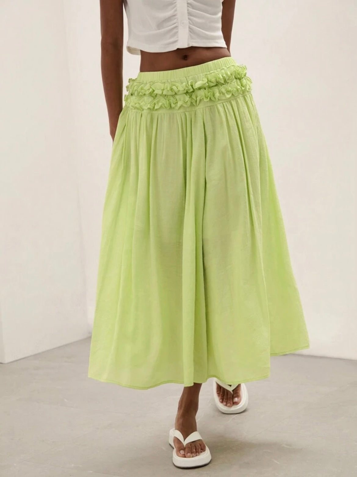 CM-BS715664 Women Trendy Bohemian Style Plain Minimalist Frill Trim Skirt - Lime Green