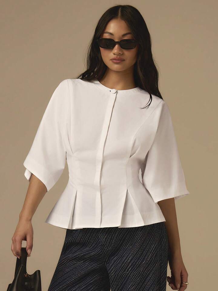 CM-TS905303 Women Casual Seoul Style Solid Color Round Neck Pleated Waist 3/4 Sleeve Blouse - White