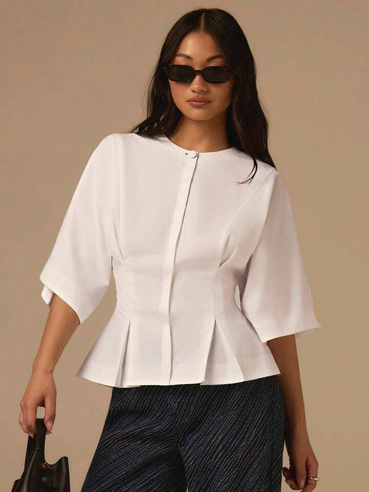 CM-TS905303 Women Casual Seoul Style Solid Color Round Neck Pleated Waist 3/4 Sleeve Blouse - White
